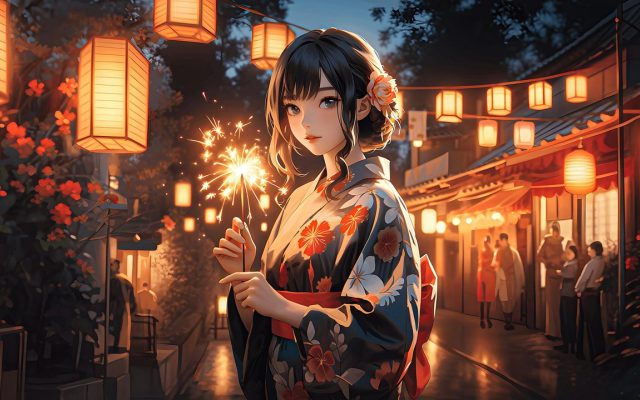 动漫风格的色彩插画展示区域，明亮饱和的暖色调画面铺满屏幕，背景整洁有设计感